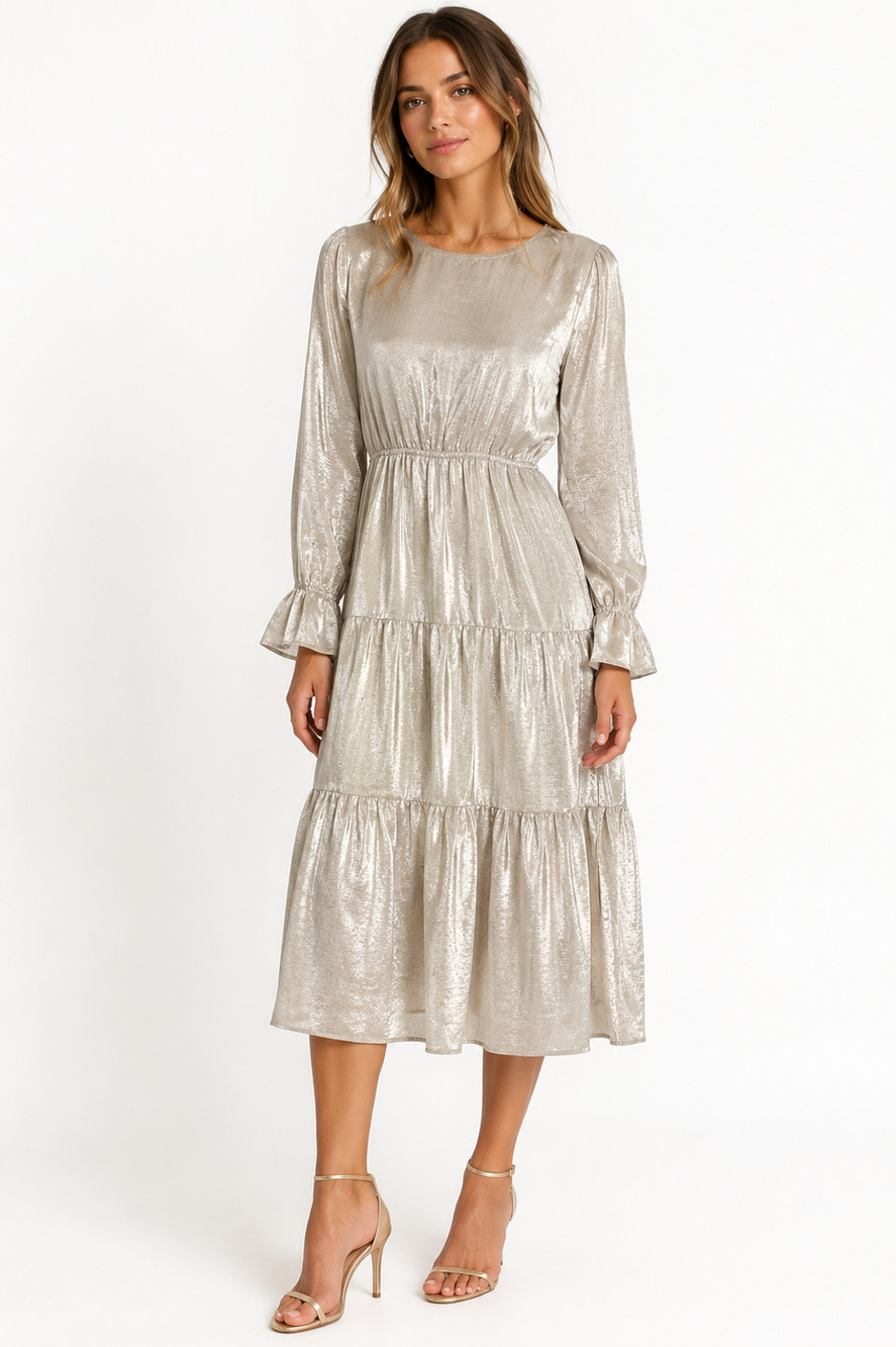 Andree by Unit Womens Champagne Tiered Long Sleeve Peasant Dress Midi sz M
